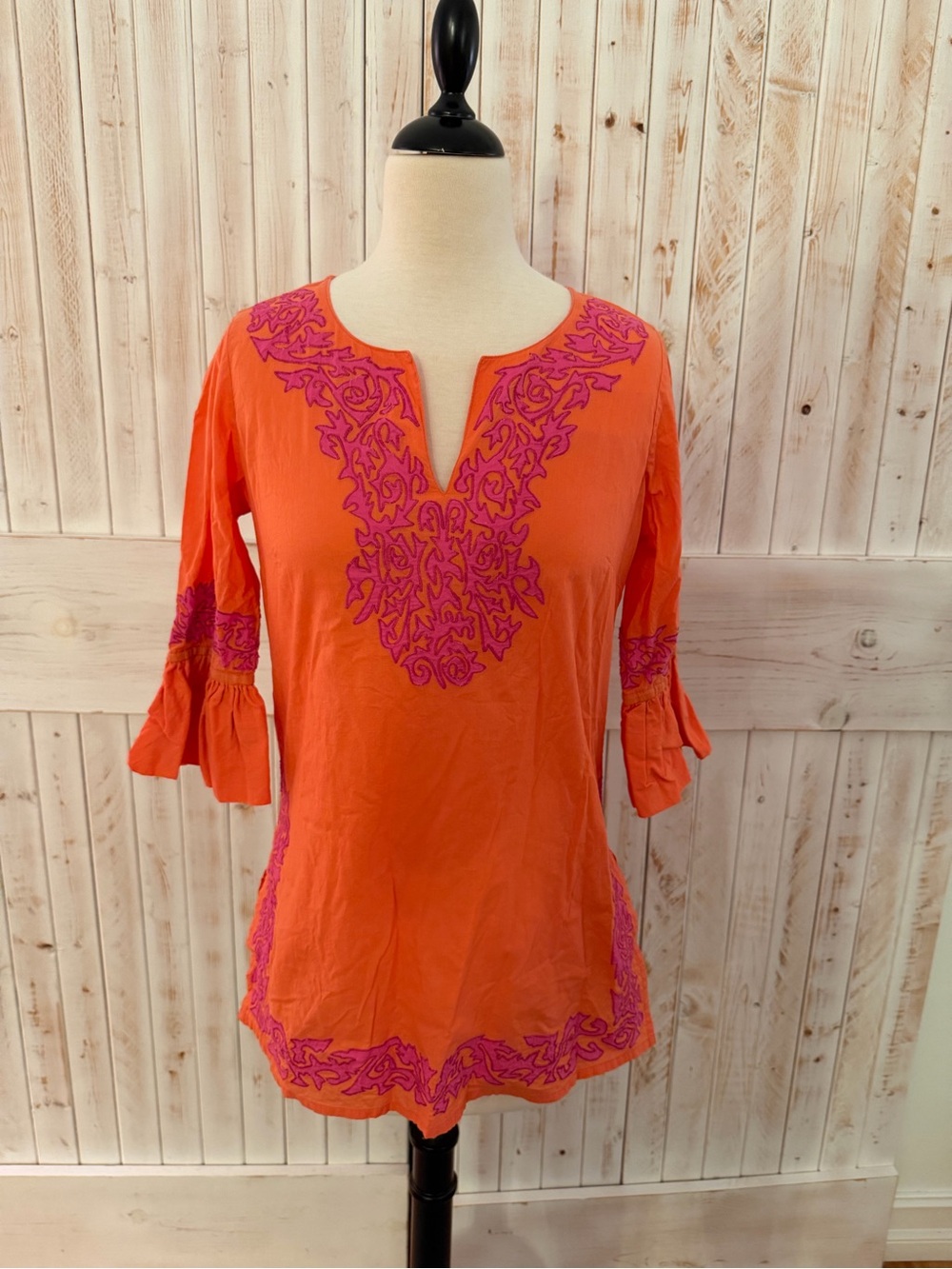 Gretchen Scott Women's Orange Tunic Top with Fuchsia Embroidery XS